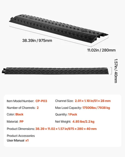 Miniatura 7 de VEVOR Paquete de 1 Cubierta de Cable Desplegable, Rampa Protectora de Cable y Manguera de Servicio Pesado de 2 Canales, Cubierta de Cable de Piso