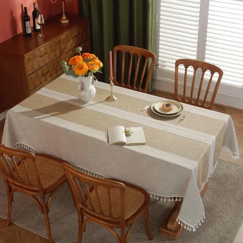 Miniatura 2 de Laolitou Manteles impermeables con borlas cosidas, manteles de algodón sin arrugas, cubierta de mesa decorativa para comedor, fiesta, vacaciones