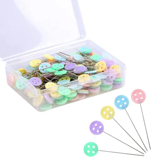 200 alfileres de cabeza plana, alfileres rectos, alfileres de costura para tela, cabezales de colores de botones, alfileres de acolchado, en caja