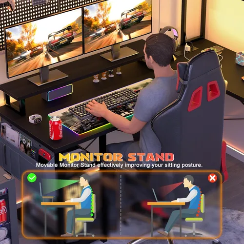Miniatura 5 de Aheaplus Escritorio pequeño en forma de L para gaming con luces LED y tomas de corriente, escritorio reversible en forma de L para computadora