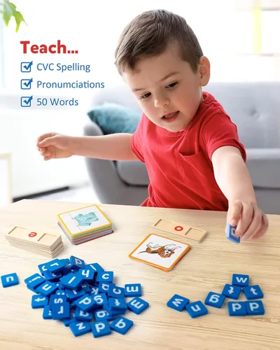 Miniatura 4 de Coogam - Juguete educativo Montessori, cartas didácticas de clasificación de letras de lectura de vocales cortas, rompecabezas del alfabeto, juego
