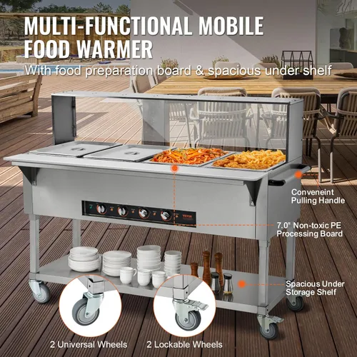 Miniatura 6 de Vevor - Calentador de alimentos comercial de 4 bandejas, mesa de vapor eléctrica de 4 x 20.6QT, calentador de alimentos para buffet de catering