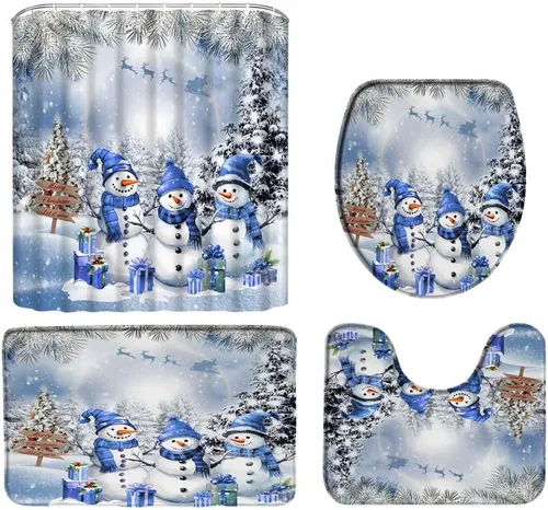 Juego de 4 cortinas de ducha de muñeco de nieve con alfombra, diseño de árbol de pinos de invierno, lindo muñeco de nieve azul, juego de baño con