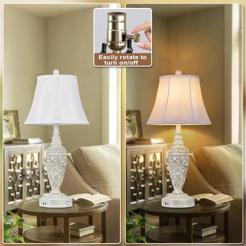 Miniatura 6 de Sheetea Paquete de 2 lámparas de mesa vintage de 26.8 pulgadas con dos puertos de carga USB y salida de CA, juego de 2 lámparas de noche blancas