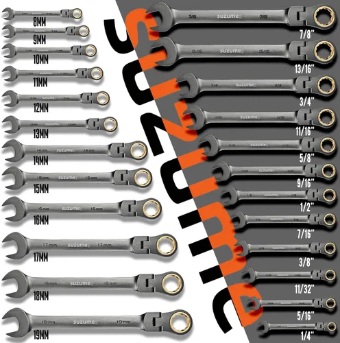 Miniatura 6 de SUZUME Juego de llaves de trinquete métricas y SAE de cabeza flexible de 24 piezas, 72 dientes Cr-V, juego de llaves de trinquete de acero Cr-V