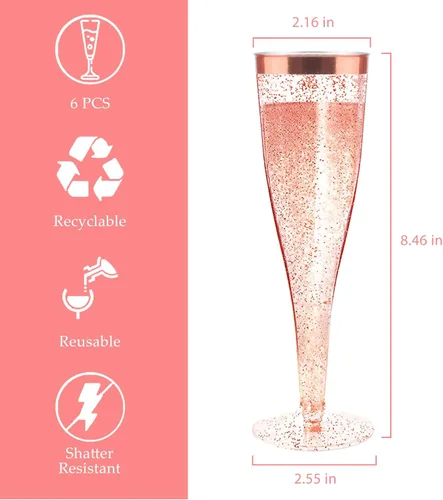Miniatura 2 de Copas de champán desechables, 6 piezas de purpurina de oro rosa con borde de oro rosa, copas de champán de plástico para fiestas, copas de champán