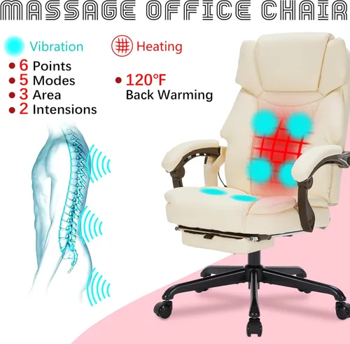 Miniatura 3 de Silla de Oficina de Masaje con Reposapiés, 6 Puntos de Vibración y Calor, Sillas de Escritorio de Oficina en Casa para Personas Pesadas de 400 Crema