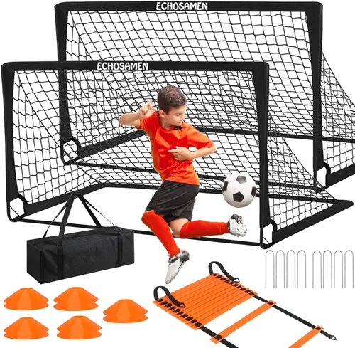 Porterías de fútbol para niños para el patio trasero, juego de 2 porterías de fútbol de 6 x 4 pies para niños con red de fútbol, 10 conos de fútbol,