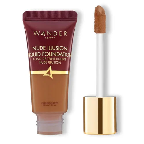 Wander Beauty Base líquida Nude Illusion, rica profunda, cobertura media a completa con niacinamida y extracto de loto, acabado natural para la