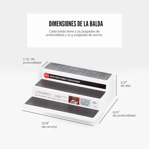 Miniatura 5 de Copco Organizador de especias de 3 niveles para armario o despensa, estante escalonado antideslizante de 10 pulgadas, diseño blanco/gris que