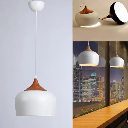 Miniatura 7 de SUNLLOK Lámpara colgante blanca moderna, con patrón de madera, cúpula minimalista hacia abajo, lámpara colgante de techo, lámpara industrial