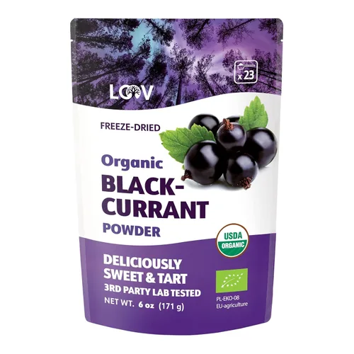 LOOV Polvo de grosella negra orgánico, hecho de grosellas negras 100% enteras, grosellas negras orgánicas liofilizadas y en polvo, 6 onzas,