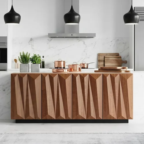 Miniatura 6 de Aparador geométrico contemporáneo de 60 pulgadas con puertas triangulares 3D y base flotante, gabinete de almacenamiento de credenza de nogal claro