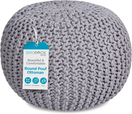 Miniatura 10 de BIRDROCK HOME Puf redondo otomano Taburete de pie trenzado de algodón con relleno de bolsa de frijoles Reposapiés bohemio para sala de estar
