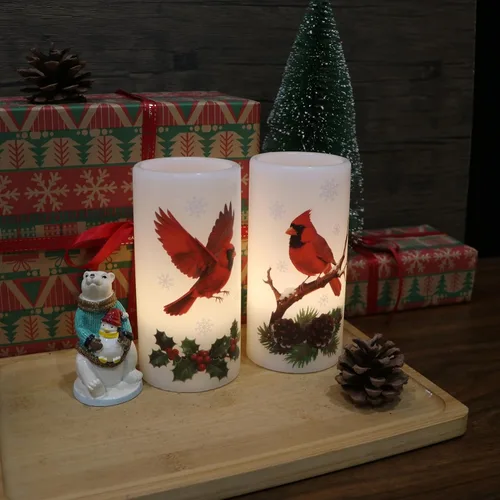 Miniatura 5 de Velas sin llama de cardenal de Navidad en pilar con control remoto y temporizador, velas LED en portavelas de cera real, vela operada por batería