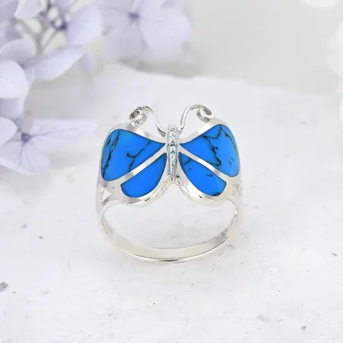 Miniatura 3 de Anillo de plata de ley 925 con diseño de mariposa y turquesa azul simulado.