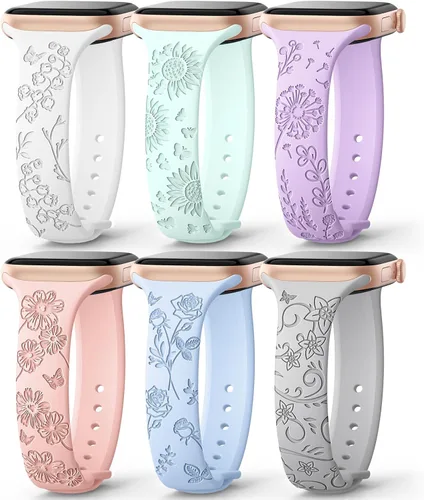 Miniatura 12 de AMSKY Paquete de 6 correas delgadas con grabado floral compatibles con Apple Watch Band 1.575 in 1.614 in 1.654 in 1.496 in 1.732 in 1.772 in 1.811