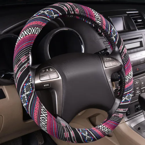 CAR PASS Funda para Volante Estilo Bohemio, Funda Universal para Volante de Tela de Lino Étnica, Diseño Antideslizante, Se Adapta a Volantes de