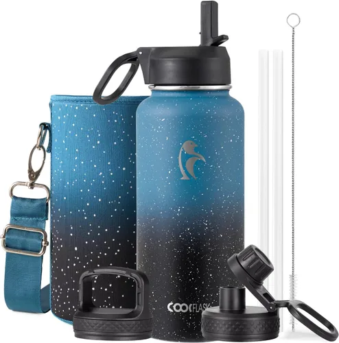 Miniatura 13 de Coolflask Botella de agua de 20 onzas aislada con pajilla, 3 tapas de metal de acero inoxidable, botella de agua de boca ancha para deportes u