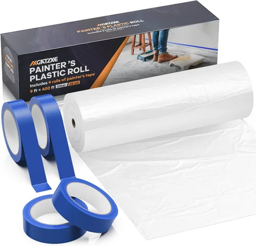Miniatura 7 de Paños de plástico, película de plástico de pintor de 200 pies de largo x 9 pies de ancho con 2 rollos de cinta de pintor, láminas de pintor