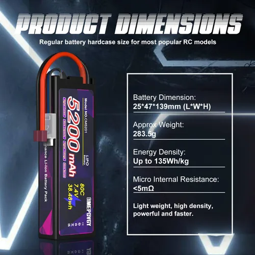 Miniatura 3 de Batería Lipo de 7.4V 2S 5200mAh 80C Lipos Estuche rígido con conector T para coches RC camiones 1/8 1/10 vehículos RC (2 paquetes)