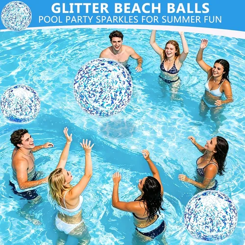 Miniatura 6 de Paquete de 5 bolas de playa de lentejuelas de 16 pulgadas y 24 pulgadas, inflables, confeti con purpurina, pelota de playa transparente, juguete