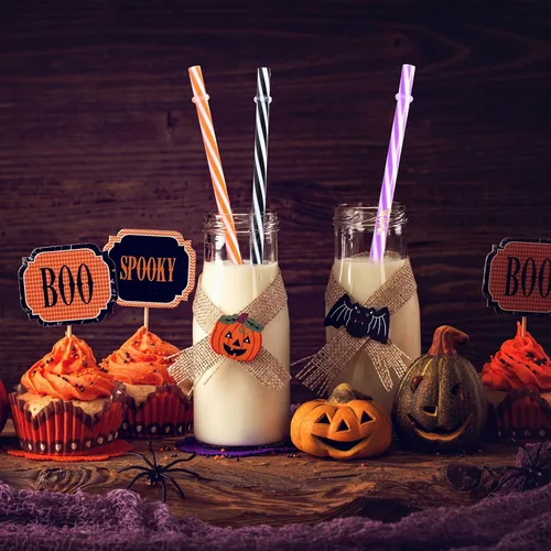 Miniatura 6 de Whaline 60 popotes de plástico reutilizables para Halloween con 2 cepillos de limpieza para pajillas, color naranja, morado, negro, rayas