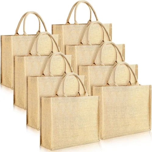 Shappy Paquete de 8 bolsas de arpillera con asas de 15.8 x 11.8 x 5.9 pulgadas, bolsas de yute con interior laminado, bolsa de comestibles