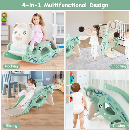 Miniatura 4 de Costzon - Juguetes de deslizamiento para niños pequeños 4 en 1, tobogán para niños con aro de baloncesto y juego de anillos, caballo de madera