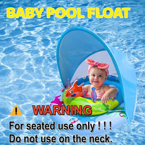 Miniatura 2 de Flotador de piscina para bebé con toldo UPF50+ y consola de juego de juguete oceánico, asiento de seguridad ajustable, flotador de natación