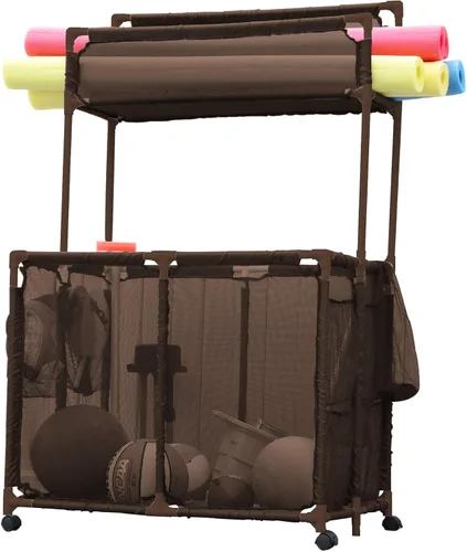 Miniatura 9 de Soporte para Fideos de Piscina, Juguetes, Flotadores, Pelotas, Contenedor Organizador de Almacenamiento de Malla Rodante de Doble Nivel, Grande