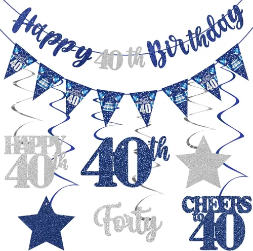 Miniatura 13 de Decoración de cumpleaños número 18 azul y plateado para niños y niñas, pancarta de feliz cumpleaños 18 con estrellas de dieciocho años de edad