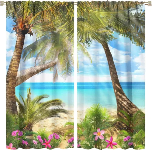Miniatura 18 de Cortinas de playa con estampado de plantas tropicales y árboles de coco, paisaje natural, con bolsillo para barra, 2 paneles, decoración