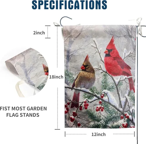 Miniatura 2 de Banderas de jardín de cardenal rojo de invierno para Navidad, para exteriores, 12x18, doble cara, pájaros rojos en la rama de un árbol, bandera