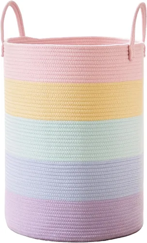 Miniatura 19 de 15Dx20H pulgadas Cesta de lavandería grande rosa para niños, cesta de lavandería de cuerda tejida para guardería, para habitación de niñas, Rosa1