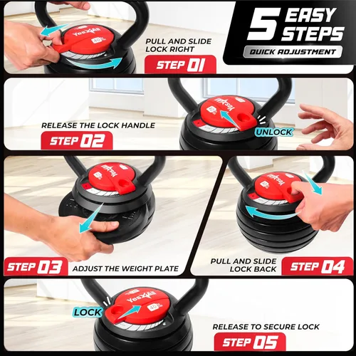 Miniatura 5 de Yes4All Adjustable Kettlebell Set, 20–40 LB Weight Set, Solid Cast Iron Handle with Spacer Disks & Secure Lock, Space-Saving Kettlebell for Home Gym