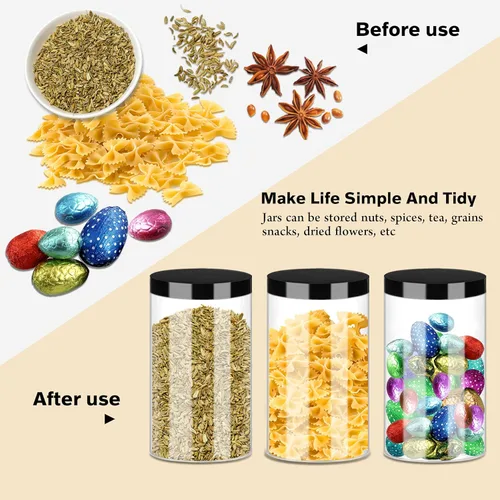 Miniatura 5 de SLifeJars Tarros de plástico transparente de 32 onzas, paquete de 12 recipientes grandes redondos de plástico PET con tapas negras de rosca, tarros