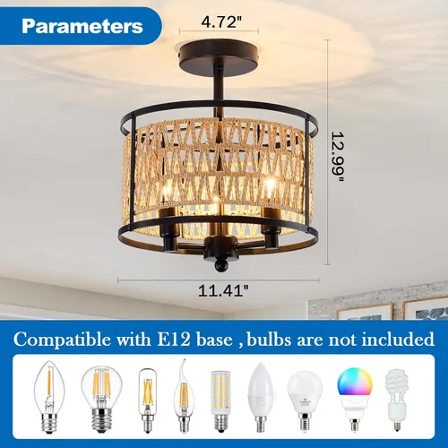 Miniatura 2 de Lámpara de techo de ratán de 3 luces, de 11 pulgadas, estilo bohemio, semiempotrada, lámpara de techo negra tejida a mano para casa de campo