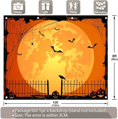 Miniatura 3 de Telón de fondo naranja para fotos de Halloween de 10 x 8 pies para fiestas, parche de calabaza grande, luna, fotografía, fondo, bruja para niños