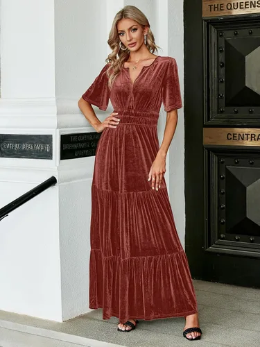 Miniatura 3 de Amegoya Vestido largo de terciopelo de manga corta con cuello en V para mujer, vestido largo formal para invitados de boda, otoño, noche, fiesta