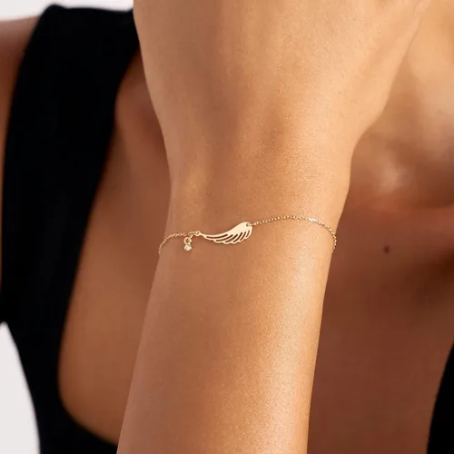 Miniatura 2 de Pulsera de ala de ángel de diamantes para mujer, pulseras con dije de ala de oro real de 14 quilates, pulseras delicadas de oro macizo de 14