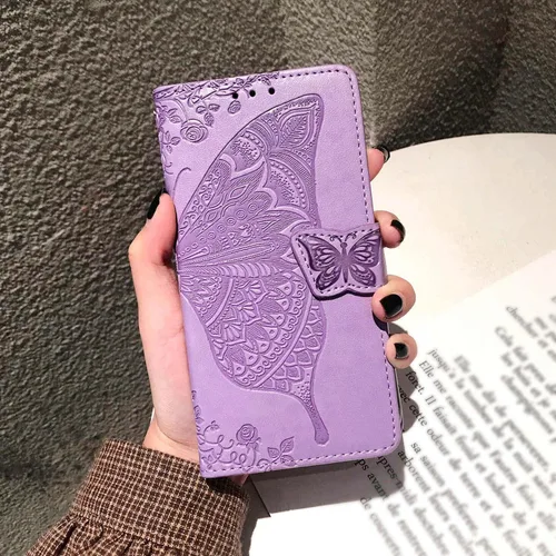 Miniatura 7 de Funda para teléfono Galaxy A14 5G, cartera con tapa para mujer, de piel sintética en relieve de mariposa con tarjeteros de crédito, correa de Lavanda