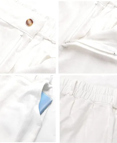 Miniatura 8 de Hooever Pantalones casuales de lino y algodón para mujer, con botones, cintura alta, pierna ancha