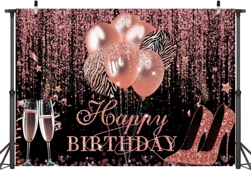 Miniatura 3 de Sensfun Telón de fondo de feliz cumpleaños con purpurina oro rosa y negro, decoración de cumpleaños, tacón champán, fondo de fotografía para mujeres