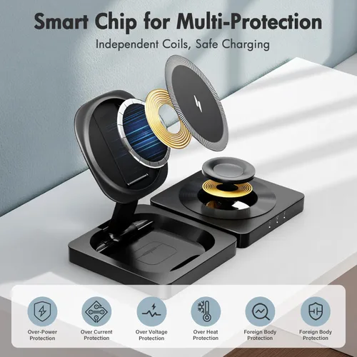 Miniatura 6 de Cargador inalámbrico magnético para iPhone: 3 en 1 para viajes 15W almohadilla de carga rápida plegable para iPhone 17 16e 16 15 14 13 12 Pro Max