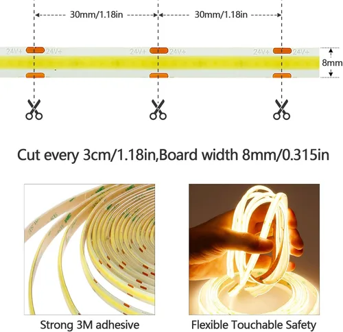 Miniatura 2 de GOMING Tira de luz LED COB de 32.8 ft/32.8 pies, 24 V, impermeable, IP65, blanco cálido, 3000 K, brillo uniforme, 3840 LED, CRI 93+, cinta de luces