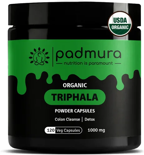 Cápsulas de polvo de trifala orgánica de 1000 mg | Certificado orgánico USDA | Sin OMG | Sin gluten | Vegano - 120 cápsulas vegetales