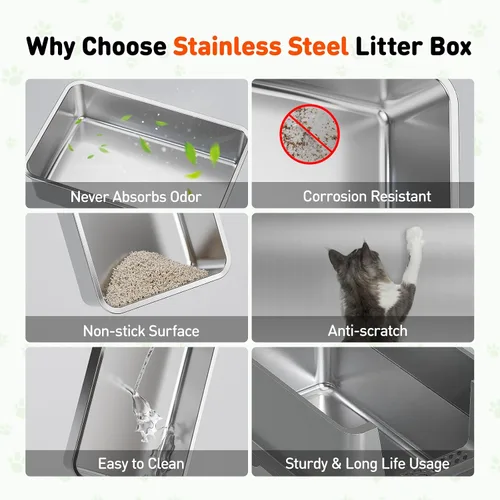 Miniatura 7 de Caja de arena para gatos de acero inoxidable 3 en 1 con tapa extraíble, caja de metal de alta cara extra grande cerrada para gatitos grandes