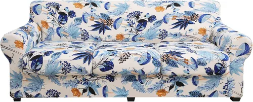 Miniatura 56 de hyha Funda para sofá, diseño floral, elástica, estampada, 4 piezas, fundas para sofá de 3 cojines separados, protector de muebles lavable para Azul
