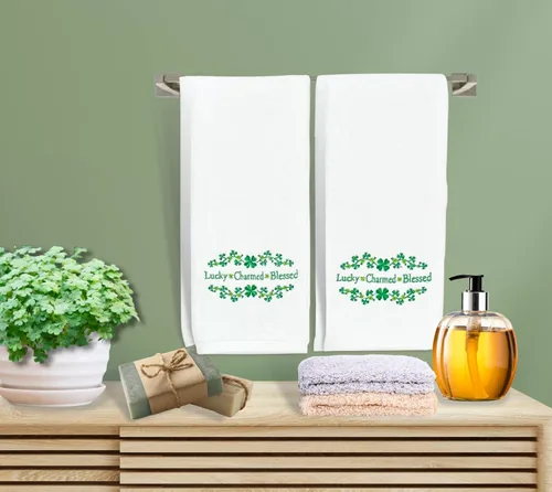 Miniatura 4 de Serafina Home Toallas de mano para baño irlandesas del día de San Patricio: suave absorbente Lucky Blessed Charmed Clover Bordado, 100% algodón, 16